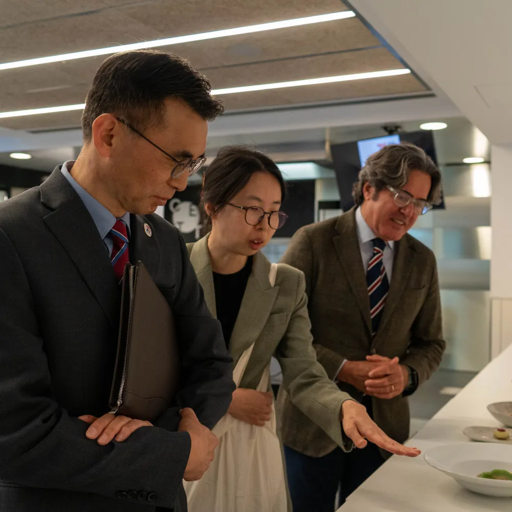 El jurado, junto con el cónsul, observa los platos.