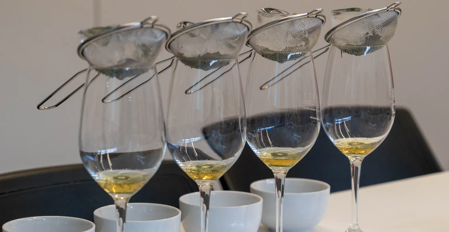 Una fila de copas de vino blanco sobre la mesa